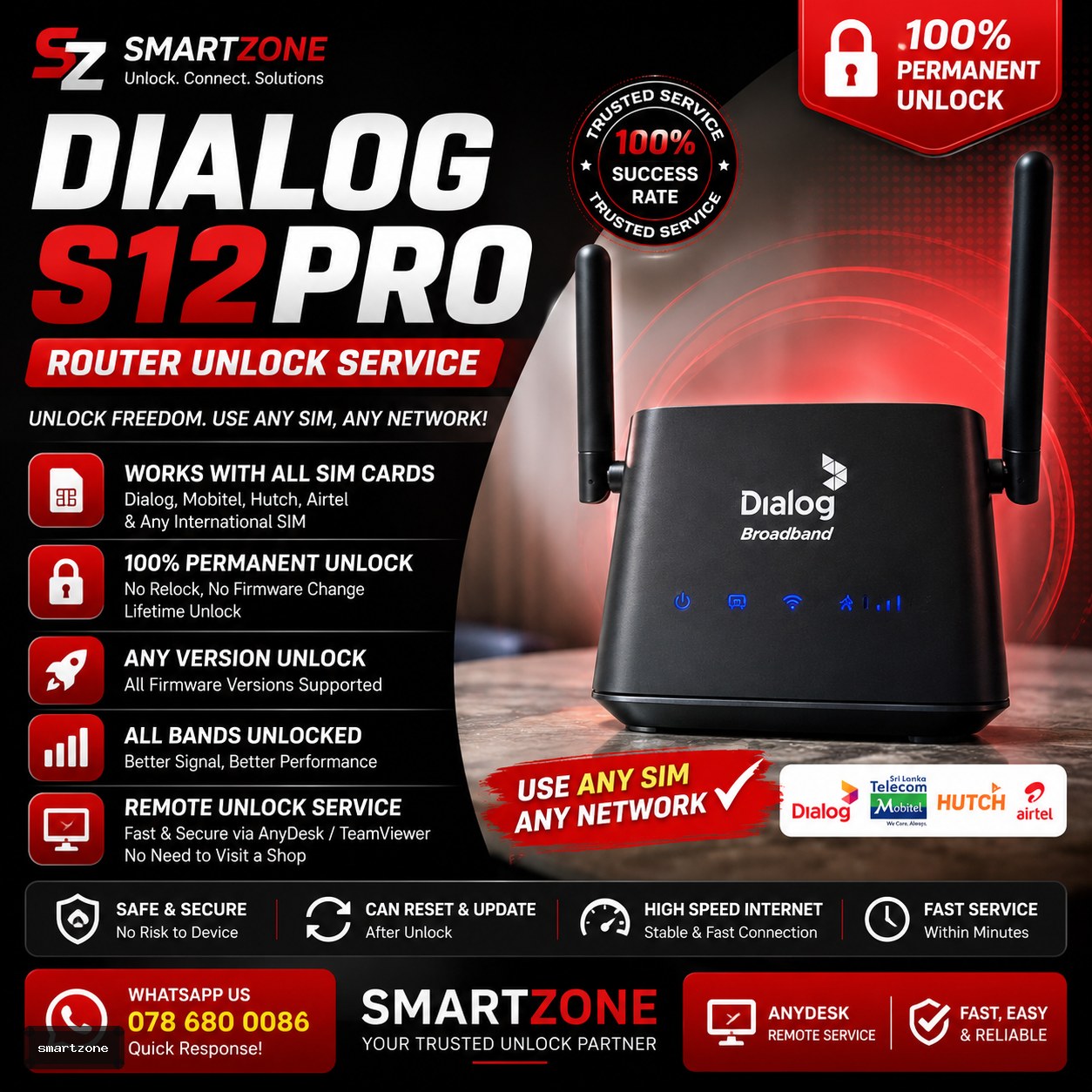 Dialog S12Pro Router unlock service [ Remortly unlock via Anydesk]